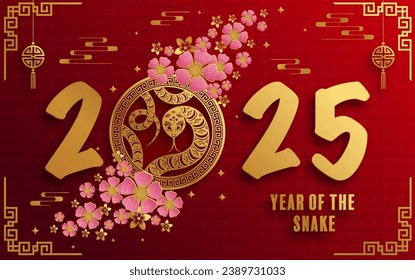 Happy chinese new year 2025  the snake zodiac sign with flower,lantern,pattern,cloud asian elements red,gold  paper cut style on color background. (Translation : happy new year 2025 year of the snake)