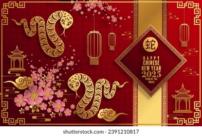 Happy chinese new year 2025  the snake zodiac sign with flower,lantern,pattern,cloud asian elements red,gold  paper cut style on color background. (Translation : happy new year 2025 year of the snake)