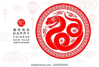 Happy chinese new year 2025 the snake zodiac sign with flower,lantern,asian elements red paper cut style on color background. ( Translation : happy new year 2025 year of the snake )
