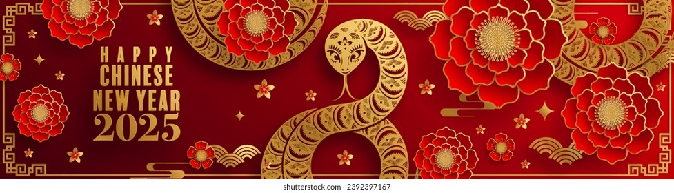 Happy chinese new year 2025  the snake zodiac sign with flower,lantern,pattern,cloud asian elements red,gold  paper cut style on color background. (Translation : happy new year 2025 year of the snake)