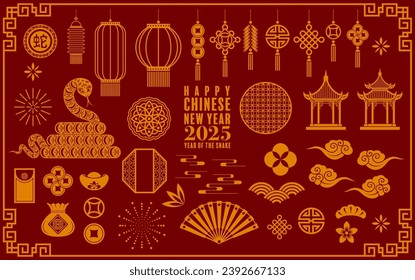 Happy chinese new year 2025  the snake zodiac sign with flower,lantern,pattern,cloud asian elements red,gold  paper cut style on color background. (Translation : happy new year 2025 year of the snake)