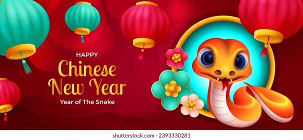 Happy Chinese New Year 2025, cute cartoon snake with hanging lantern decoration 