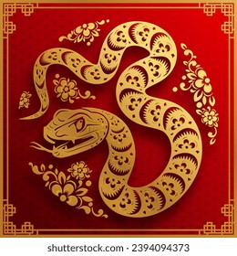 Happy chinese new year 2025 year of the snake with flower,lantern,asian elements red and gold traditional paper cut style on color background. (Translation : happy new year 2025 the snake zodiac )