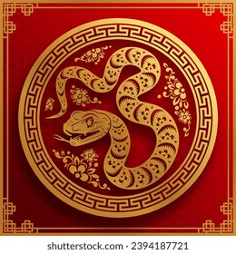 Happy chinese new year 2025 year of the snake with flower,lantern,asian elements red and gold traditional paper cut style on color background. (Translation : happy new year 2025 the snake zodiac )
