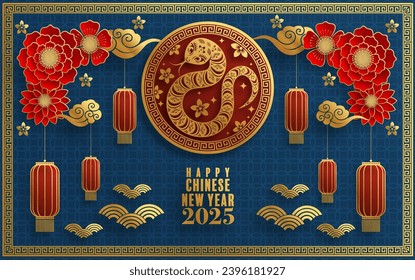 Happy chinese new year 2025  the snake zodiac sign with flower,lantern,pattern,cloud asian elements red,gold  paper cut style on color background. (Translation : happy new year 2025 year of the snake)