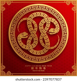 Happy chinese new year 2025 year of the snake with flower,lantern,asian elements red and gold traditional paper cut style on color background. (Translation : happy new year 2025 the snake zodiac )