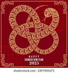 Happy chinese new year 2025  the snake zodiac sign with flower,lantern,pattern,cloud asian elements red,gold  paper cut style on color background. (Translation : happy new year 2025 year of the snake)