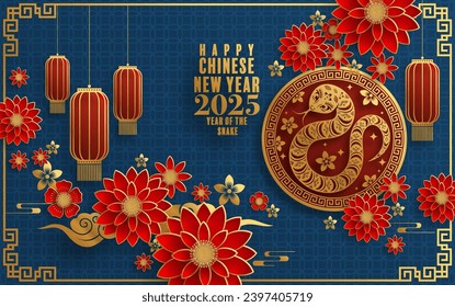 Happy chinese new year 2025  the snake zodiac sign with flower,lantern,pattern,cloud asian elements red,gold  paper cut style on color background. (Translation : happy new year 2025 year of the snake)