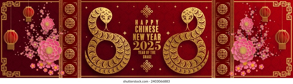 Happy chinese new year 2025  the snake zodiac sign with flower,lantern,pattern,cloud asian elements red,gold  paper cut style on color background. (Translation : happy new year 2025 year of the snake)