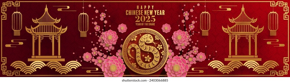 Happy chinese new year 2025  the snake zodiac sign with flower,lantern,pattern,cloud asian elements red,gold  paper cut style on color background. (Translation : happy new year 2025 year of the snake)