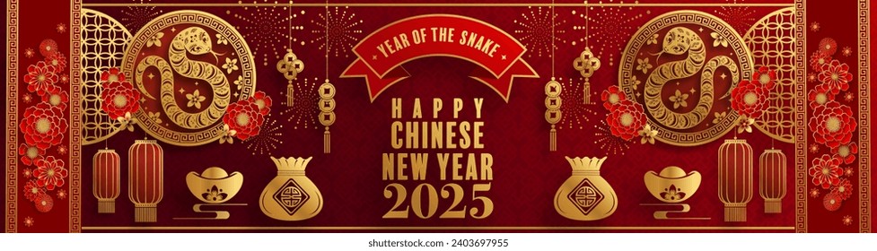 Happy chinese new year 2025  the snake zodiac sign with flower,lantern,pattern,cloud asian elements red,gold  paper cut style on color background. (Translation : happy new year 2025 year of the snake)