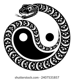 Happy chinese new year 2025 the snake zodiac sign with yin yang concept paper cut style on color background. ( Translation : happy new year 2025 year of the snake )
