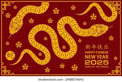 Happy Chinese new year 2025 Zodiac sign, year of the Snake, with yellow paper cut art and craft style on red color background (Chinese Translation : happy new year 2025, year of the Snake)