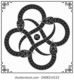 Happy Chinese new year 2025 Zodiac sign, year of the Snake, with black paper cut art and craft style on white color background (Chinese Translation : happy new year 2025, year of the Snake)