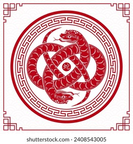 Happy Chinese new year 2025 Zodiac sign, year of the Snake, with red paper cut art and craft style on white color background (Chinese Translation : happy new year 2025, year of the Snake)