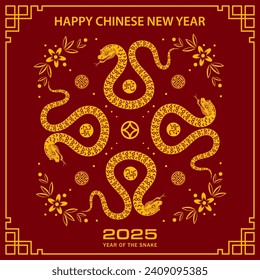 Happy Chinese new year 2025 Zodiac sign, year of the Snake, with yellow paper cut art and craft style on red color background (Chinese Translation : happy new year 2025, year of the Snake)