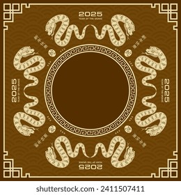 Happy Chinese new year 2025 Zodiac sign, year of the Snake, with yellow paper cut art and craft style on brown color background (Chinese Translation : happy new year 2025, year of the Snake)