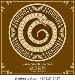 Happy Chinese new year 2025 Zodiac sign, year of the Snake, with yellow paper cut art and craft style on brown color background (Chinese Translation : happy new year 2025, year of the Snake)