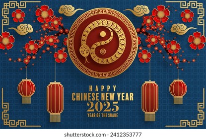 Feliz año nuevo chino 2025 el signo del zodiaco de la serpiente con flor, linterna, patrón, elementos asiáticos de la nube rojo, papel dorado estilo cortado en el fondo del color. (Traducción: feliz año nuevo 2025 de la serpiente)