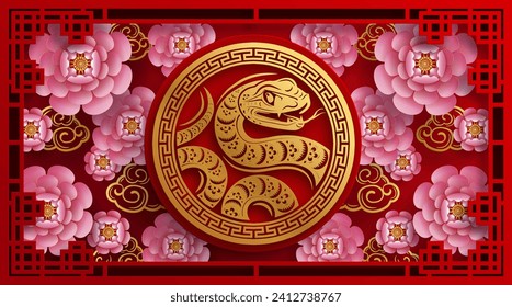 Happy chinese new year 2025 year of the snake with flower,lantern,asian elements red and gold traditional paper cut style on color background. (Translation : happy new year 2025 the snake zodiac )
