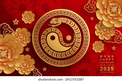 Happy chinese new year 2025 year of the snake with flower,lantern,asian elements red and gold traditional paper cut style on color background. (Translation : happy new year 2025 the snake zodiac )
