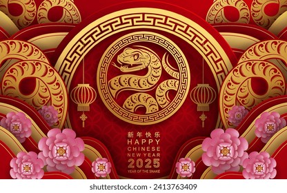 Happy chinese new year 2025 year of the snake with flower,lantern,asian elements red and gold traditional paper cut style on color background. (Translation : happy new year 2025 the snake zodiac )
