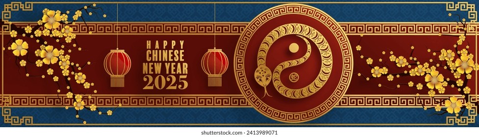 Happy chinese new year 2025  the snake zodiac sign with flower,lantern,pattern,cloud asian elements red,gold  paper cut style on color background. (Translation : happy new year 2025 year of the snake)