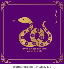 Happy Chinese New Year 2025. Violet background with golden snakes. Vector illustration