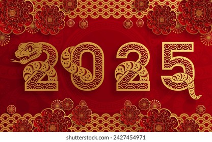 Happy chinese new year 2025 the snake zodiac sign with flower,lantern,asian elements snake logo red and gold paper cut style on color background.  Translation : happy new year 2025 year of the snake. 