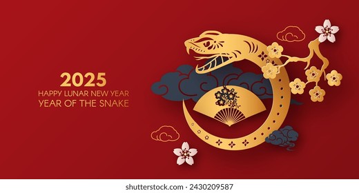 Happy Chinese New Year 2025 with Snake zodiac sign, fan and flowers. Lunar new year card template. Gold paper cut style on color background