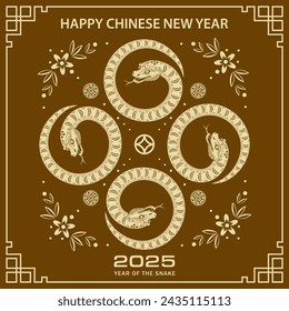 Happy Chinese new year 2025 Zodiac sign, year of the Snake, with yellow paper cut art and craft style on brown color background (Chinese Translation : happy new year 2025, year of the Snake)