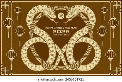 Happy Chinese new year 2025 Zodiac sign, year of the Snake, with yellow paper cut art and craft style on brown color background (Chinese Translation : happy new year 2025, year of the Snake)