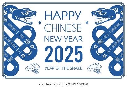 Happy Chinese New Year 2025 with Snake zodiac sign. Lunar new year card template. Jianzhi paper cut style. Chinese text means "Snake"