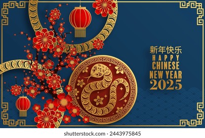 Happy chinese new year 2025  the snake zodiac sign with flower,lantern,pattern,cloud asian elements red,gold  paper cut style on color background. (Translation : happy new year 2025 year of the snake)