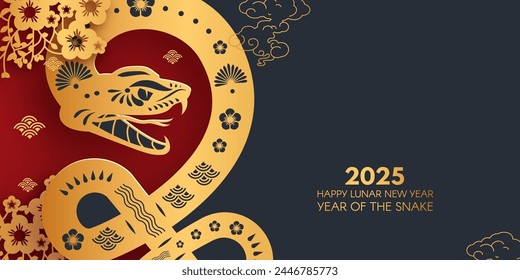 Happy Chinese New Year 2025 with Snake zodiac sign and flowers. Lunar new year card template. Gold paper cut style on color background