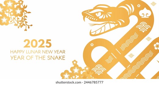 Feliz año Nuevo chino 2025 con el signo del zodiaco de la serpiente y las flores. Plantilla de tarjeta de año nuevo lunar. Estilo de corte de papel dorado sobre fondo blanco.