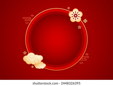 Happy Chinese new year 2025. Chinese new year banner with circle for show product. Greeting card. China frame with lantern on red background.