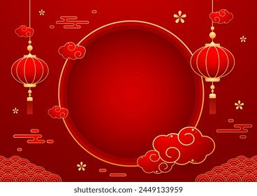 Happy Chinese new year 2025. Chinese new year banner with circle for show product. Greeting card. China frame with lantern on red background.