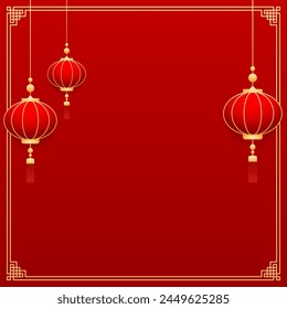 Happy Chinese new year 2025. Chinese new year banner with circle for show product. Greeting card. China frame with lantern on red background.
