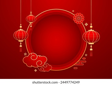 Happy Chinese new year 2025. Chinese new year banner with circle for show product. Greeting card. China frame with lantern on red background.