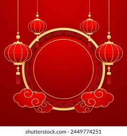 Happy Chinese new year 2025. Chinese new year banner with circle for show product. Greeting card. China frame with lantern on red background.