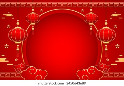 Happy Chinese new year 2025. Chinese new year banner with circle for show product. Greeting card. China frame with lantern on red background.