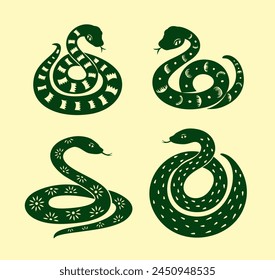 Feliz año nuevo chino 2025 Signo del zodíaco. año de la serpiente. arte de corte de papel simple y Vector de estilo artesanal establecido en diferentes ángulos. año nuevo lunar. decoración tradicional asiática oriental. adorno de patrón