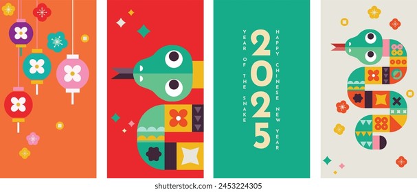 Feliz año nuevo chino 2025 la serpiente signo del zodíaco con flor, linterna, Elementos asiáticos serpiente roja y amarillo estilo de corte de papel en el fondo de color.