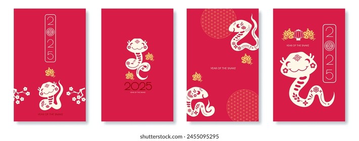 Happy Chinese New Year 2025 with Snake zodiac card template. Lunar new year sign. Paper cut style on white background. Chinese text means "Year of the Snake"