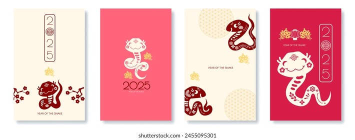 Feliz año Nuevo chino 2025 con la Plantilla de la tarjeta del zodíaco de la serpiente. Signo de año nuevo lunar. Estilo de corte de papel sobre fondo blanco. Texto chino significa "Año de la Serpiente"