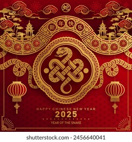 Happy chinese new year 2025 the snake zodiac sign with flower,lantern,asian elements snake logo red and gold paper cut style on color background. ( Translation : happy new year 2025 year of the snake)