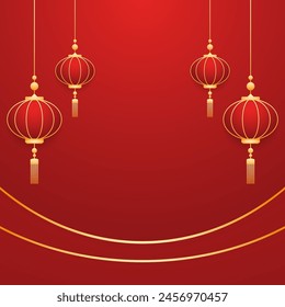 Happy Chinese new year 2025. Chinese new year banner with circle for show product. Greeting card. China frame with lantern on red background.