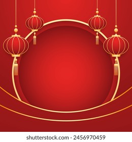 Happy Chinese new year 2025. Chinese new year banner with circle for show product. Greeting card. China frame with lantern on red background.