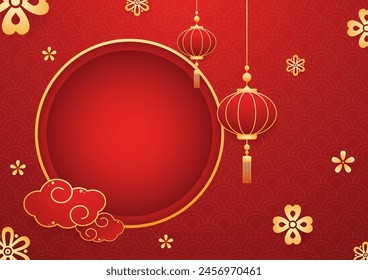 Happy Chinese new year 2025. Chinese new year banner with circle for show product. Greeting card. China frame with lantern on red background.